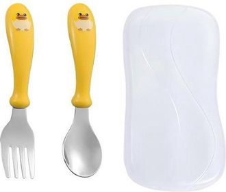 OEM Juego De Vajilla Infantil De Tres Piezas: Cuchara, Tenedor, Acero Inoxidable, Mango De Pl&aacute;stico, Bonito Dise&ntilde;o De Pollito