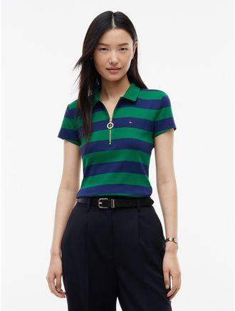 Tommy Hilfiger Womens Slim Fit Rugby Striped Zip Polo - Nouveau Green - XL