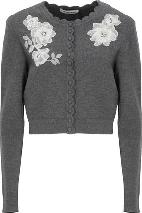 Self Portrait Cropped Knit Cardigan With Floral Appliqu&eacute;s And Padded Shoulders