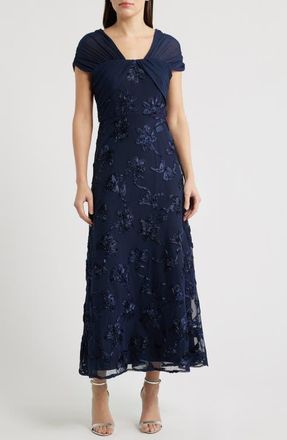 JS Collections Carolina Floral Embroidered Gown in Deep Navy at Nordstrom, Size 18
