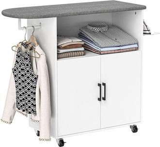 HOMCOM Homcom Mueble De Plancha Con Ruedas Mueble De Planchado Con Barra Para Colgar Ropa Estante Abierto Y Tabla De Planchar 125x43,5x102,5 Cm Blanco