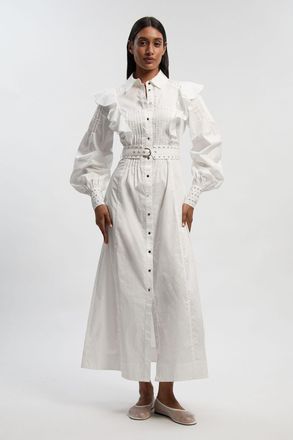 Karen Millen Womens Cotton Sateen Drama Sleeve Studded Woven Maxi Shirt Dress - White - Size 16 UK