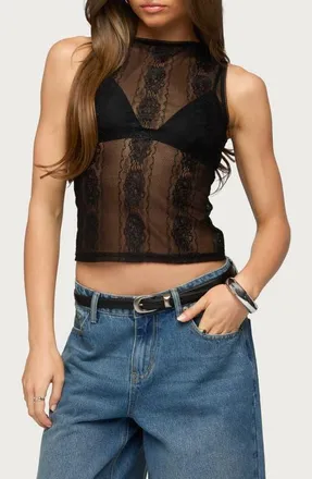 Edikted Ephie Sheer Lace Tank in Black at Nordstrom, Size X-Small