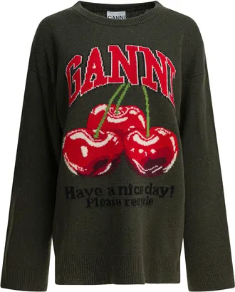 Ganni Wool-Blend Crew-Neck Sweater Knitwear Verde-Donna