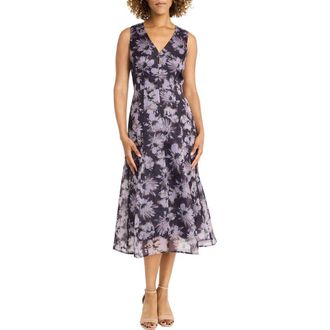 Maggy London Floral Sleeveless Organza Midi Dress in Black/Gentle Lavendar at Nordstrom Rack, Size 10