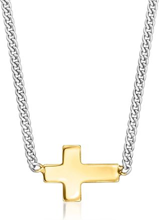 RS Pure by Ross-Simons Italian 14kt Yellow Gold Sideways Cross and Sterling Silver Curb-Link Necklace