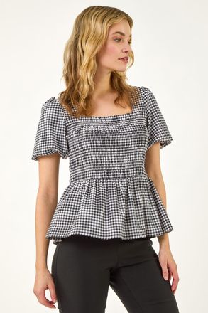 DUSK Gingham Shirred Peplum Top