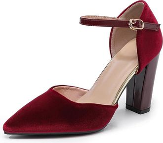 Generic Womens Dress Velvet Ankle Strap High Block Heels Closed Pointed Toe Pumps for Bridal Wedding Evening and Party (Wine Red,5.5)