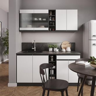 Vicco Cocina Para Solteros R-line, Blanco/antracita, 160 Cm Forma De J