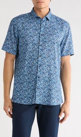 Soul of London Floral Short Sleeve Viscose & Linen Button-Up Shirt in Blue /Bleu at Nordstrom Rack, Size Xx-Large