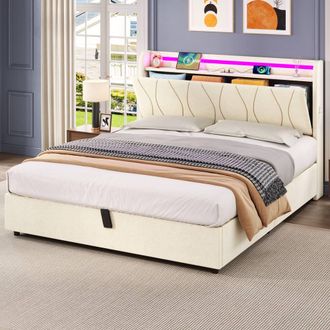 Merax 4ft6 Double Linen Hydraulic Storage Bed with LED in Beige