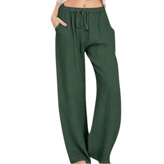 Generic Womens Summer Cotton Linen Pants Drawstring Elastic Waist Cropped Trousers for Women UK Solid Color Plus Size Wide Leg Trousers Lightweight Loose Fit 