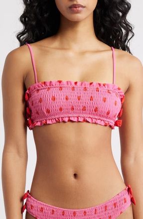 Damson Madder Polka Dot Smocked Bow Bandeau Bikini Top in Pink at Nordstrom, Size 12 Us