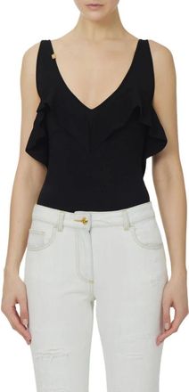 Elisabetta Franchi V-hals Bodysuit met Volant - Dames - Tops zonder mouwen - Zwart - M - Leer - Tops