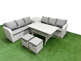 Fimous Outdoor Garden Furniture Sets 8 Seater Wicker Rattan Furniture Sofa Sets w/ Rectangular Dining Table high Back Lounge Sofa Stools Side Table