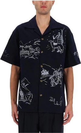 Dr&ocirc;le de Monsieur Abstract Print Short Sleeve Button-Up Shirt - Heren - Korte mouwen Overhemden - Blauw - S - Katoen - Overhemden