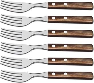 OEM Juego De 6 Tenedores Para Carne Y Pizza, De Acero Inoxidable Con Mango De Madera Marr&oacute;n