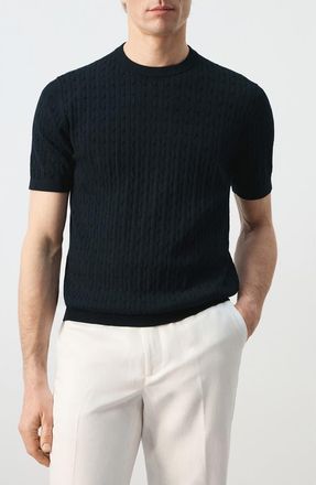 Mango Cable Stitch Short Sleeve Cotton Sweater in Night Blue at Nordstrom, Size Medium