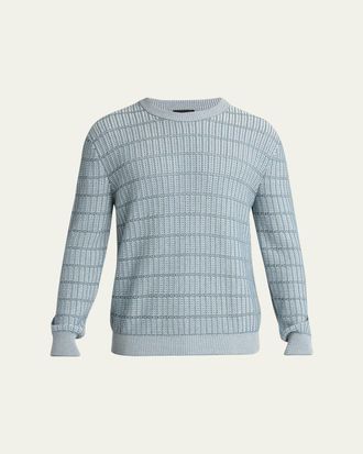 Brioni Mens Cotton and Linen Grid Knit Crewneck Sweater