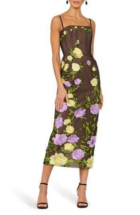 Helsi Gemma Floral Embroidered Midi Cocktail Dress in Black/Pale Yellow at Nordstrom Rack, Size X-Small