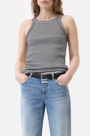 Closed Racer Tank Top In Ivory Black Stripe