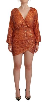 Aniye By Vrouwen Oranje Pailletten Lange Mouwen Mini Sheath Wrap Dress