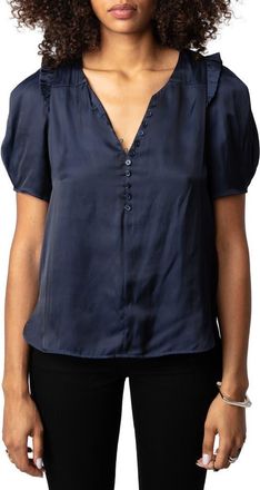 Zadig&Voltaire Twisty Satin Ruffle Top in Sailor at Nordstrom, Size Large