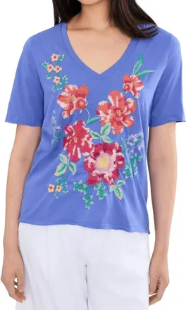 Johnny Was Celiora Raw Hem V-Neck Tee In Baja Blue
