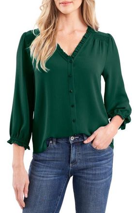 CeCe by Cynthia Steffe Ruffle V-Neck Blouse in Alpine Green at Nordstrom, Size Large