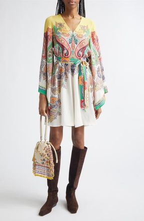 Etro Paisley Print Long Sleeve Dress in Print On White Base at Nordstrom, Size 10 Us