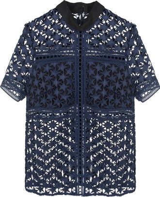 Self Portrait Navy Blue Star Lace Short Sleeved Blouse Size S