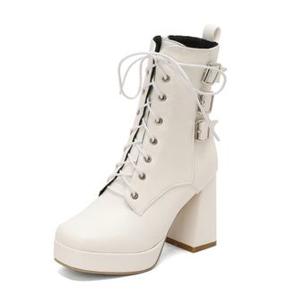 Generic Womens Platform Chunky Heel Mid-calf Boots Lace-Up Punk Gothic Booties,White,6.5 UK