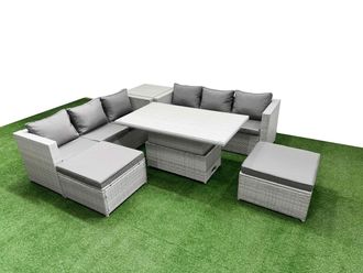Fimous 6 PCs Rising Dining Table Set Rattan Furniture Set with 3 Seater Sofa in Light Grey