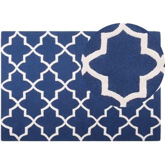 Beliani Alfombra De Lana Azul 140 X 200 Cm Patr&oacute;n De Cuadrifolio Tr&eacute;bol Oriental Marroqu&iacute; Hecha A Mano Silvan
