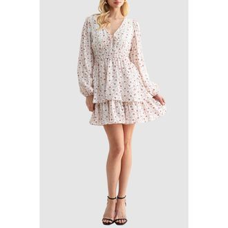 Lush Tiered Long Sleeve Minidress in Cream Red at Nordstrom Rack, Size X-Small