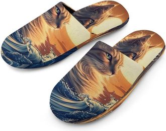 Generic Cat The Great Wave Sunset Mens Cotton Slippers Memory Foam Comfort House Shoes Winter Indoor Slipper for Hotel Casa Spa