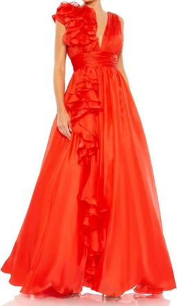 Mac Duggal Ruffle Detailed Evening Gown In Cherry Red