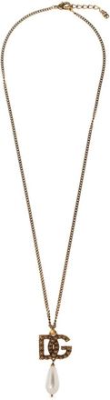 Dolce & Gabbana faux-pearl logo-pendant necklace - women - Brass - One Size - Gold