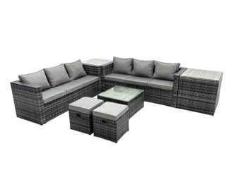 Fimous 8 Seater Patio Lounge Sofa Set with 2 Side Table 2 Small Footstools in Dark Grey