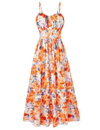 Grace Karin Womens Maxi Dresses Elegant Floral Smocked Dresses Beach Party Casual Vintage Wedding Guest Orange Lilac Floral XXL-11