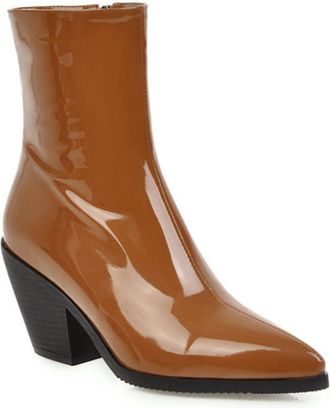 Generic Womens Patent Leather Pointed Toe Cowboy Boots,Mid-Calf Western Style with Block Heel for Work & Casual,Yellow,6.5 UK
