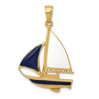 Diamond2Deal 14k Yellow Gold 2-D Blue White Enameled Sailboat Pendant
