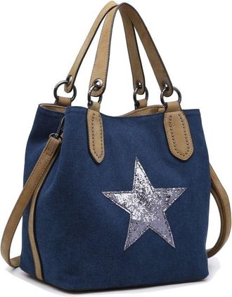 Generic Canvas Tote Bag with Sequin Star, Womens Shoulder Crossbody Handbag, PU Leather Trim, 24x24x16cm (Navy)