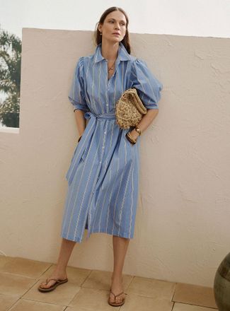 Contemporaine Womens Striped puff-sleeve shirtdress