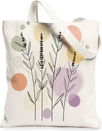 Generic Spring Aesthetic Lavender Canvas Tote Bag for Shopping 13x15, Fun Mid Century Floral Reusable Grocery Print Bag for Women Men, Abstract Flower Aesthet