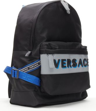 Versace Reflective Logo black nylon blue Greca nylon strap backpack