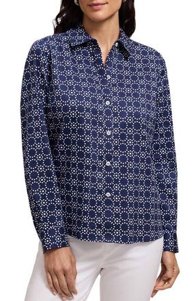 Foxcroft Hampton Geo Print Cotton Button-Up Shirt in Navy Blue/White at Nordstrom, Size Medium