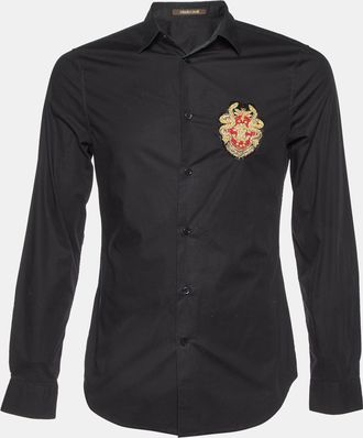 Roberto Cavalli Black Cotton Logo Crest Embroidered Button Front Shirt