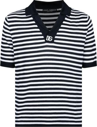 Dolce & Gabbana Blauw Wit Gestreept V-Hals Polo Shirt - Heren - Polos - Zwart - M - Katoen - Tops