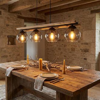 Globo Lighting Lampada A Sospensione Lampada A Sospensione Lampada Da Soggiorno Lampada Da Sala Da Pranzo, Metallo Legno Rovere Vetro Fumo, 4 Fiamme, E27, H 120 Cm